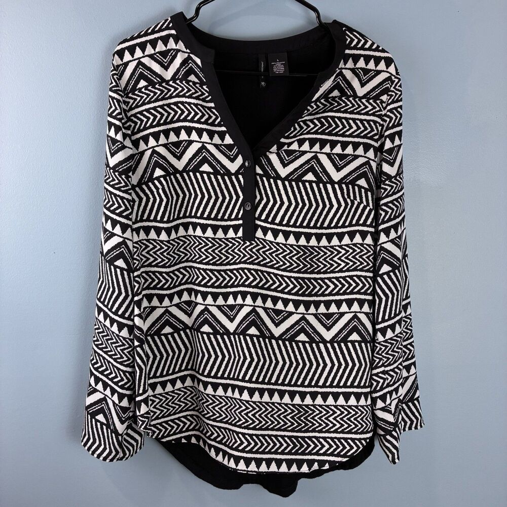 New Directions Women’s Black/White Geometric Long Sleeve Blouse Size L